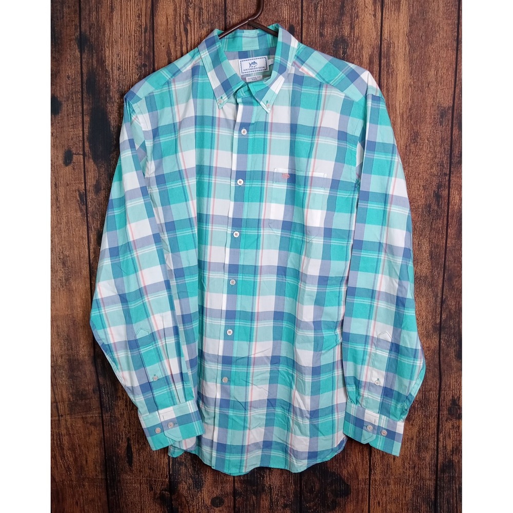 Southern‎ Tide Mens Large Classic Fit Plaid Button Down Shirt Teal Blue Cotton